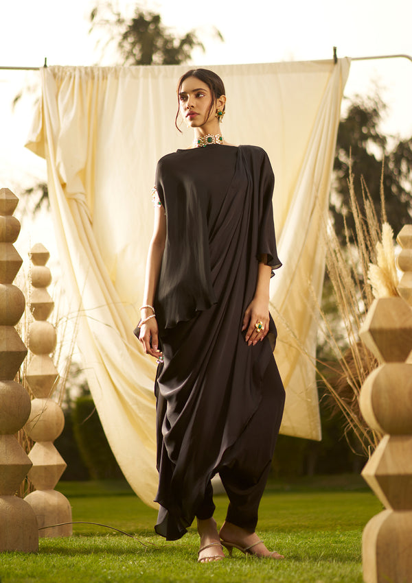 Midnight Black Draped Saree Set