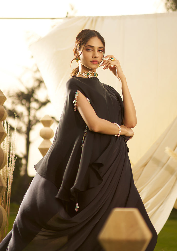 Midnight Black Draped Saree Set