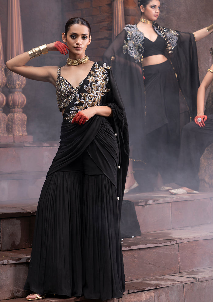 Firdaus Black Pleated Sharara Saree Set