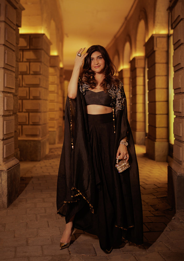 Khushnaz in Zohra Black Embroidered Cape Set