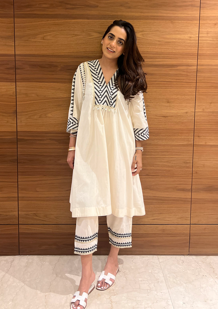 Ivory and Coal Aztec Kurta Set