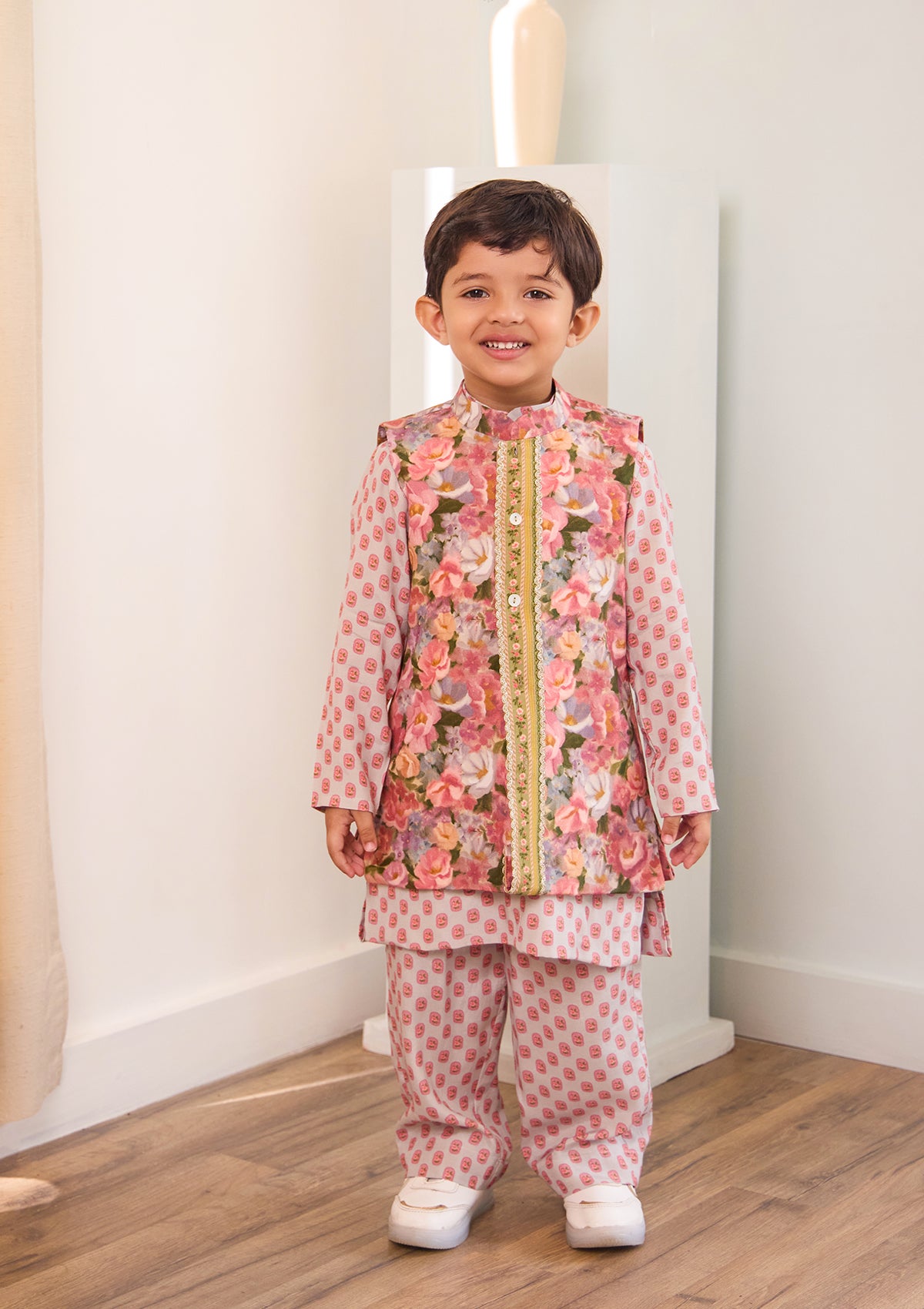 Kids Ivory Meadow Kurta & Bundi Set