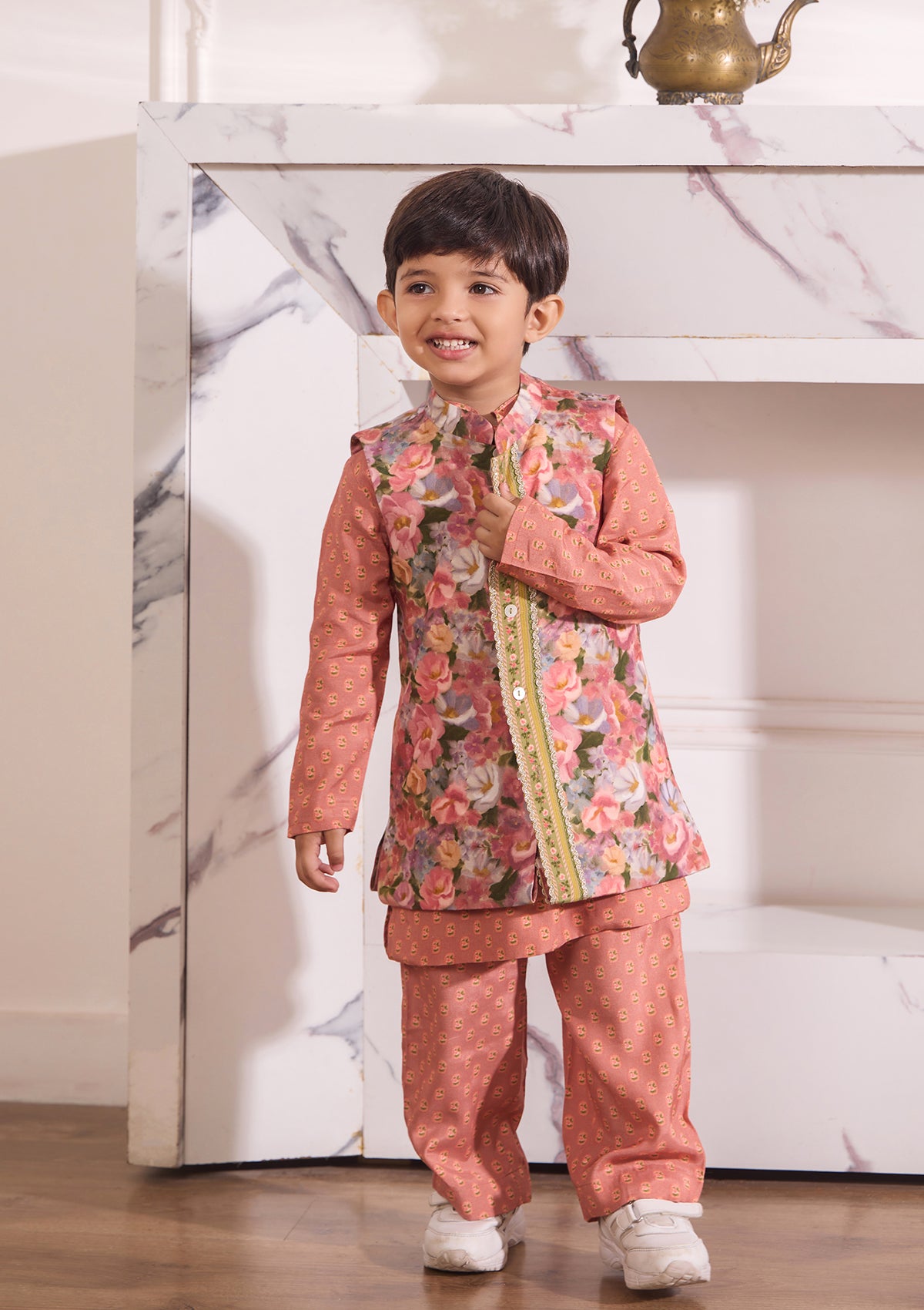 Kids Coral Meadow Kurta & Bundi Set