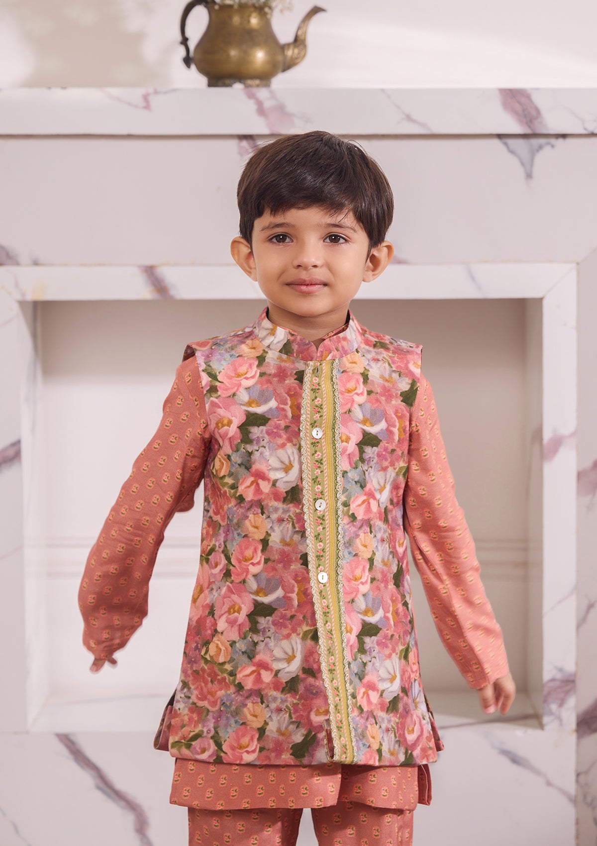 Kids Coral Meadow Kurta & Bundi Set