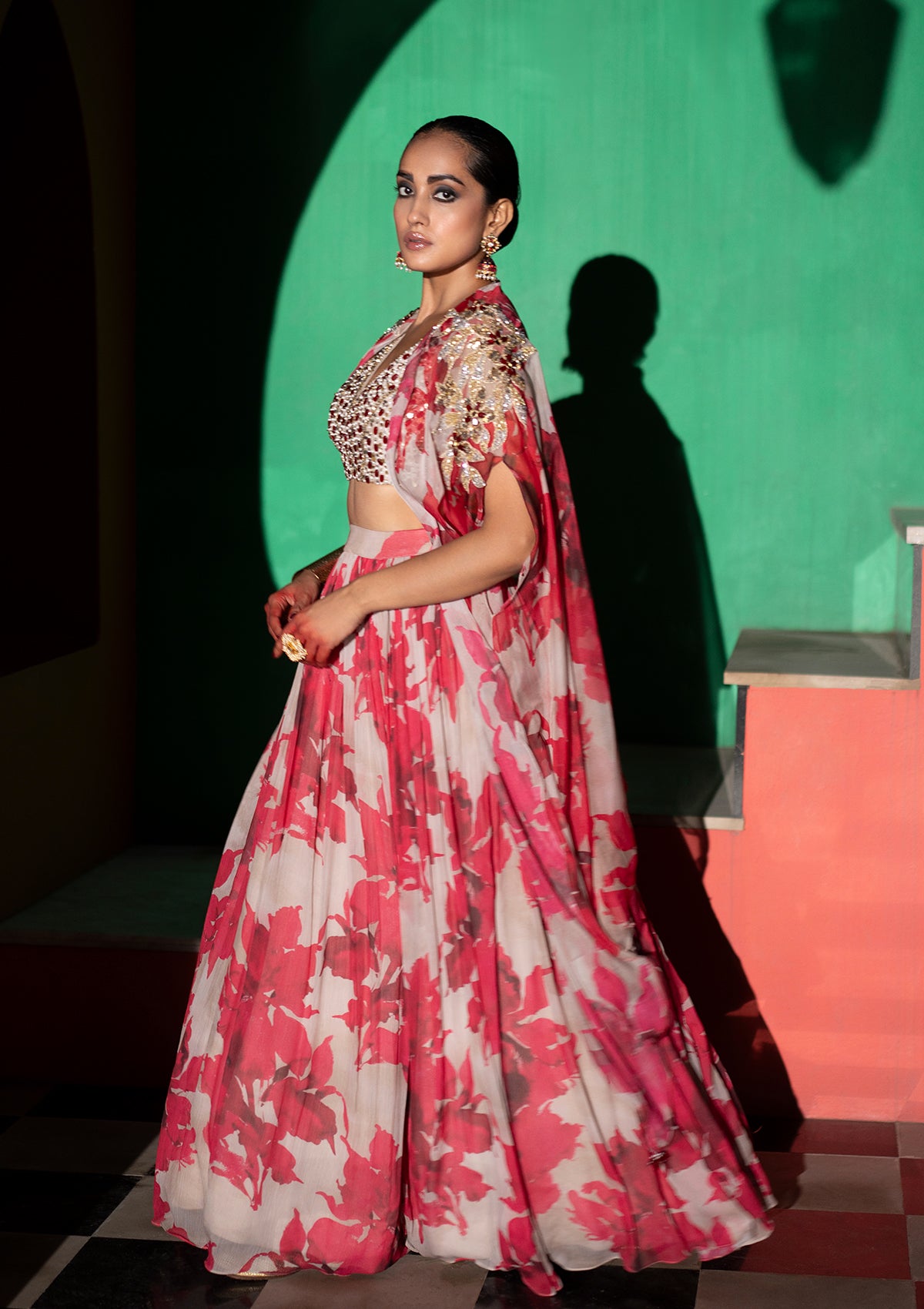 Buy Pink Net and Organza Cape with Lehenga Set by Designer MALASA Online at  Ogaan.com