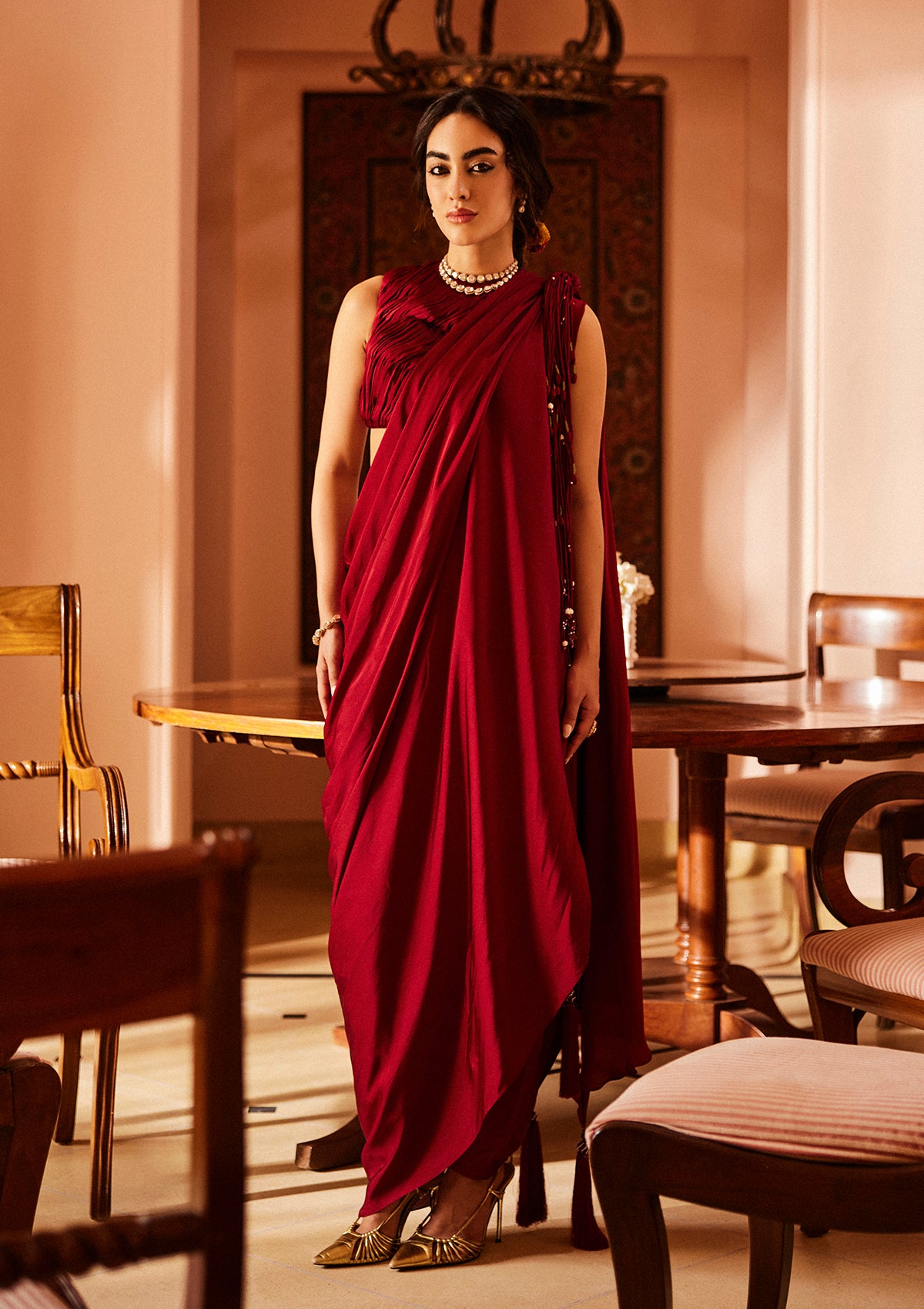 Ruby Fringe Draped Saree Set