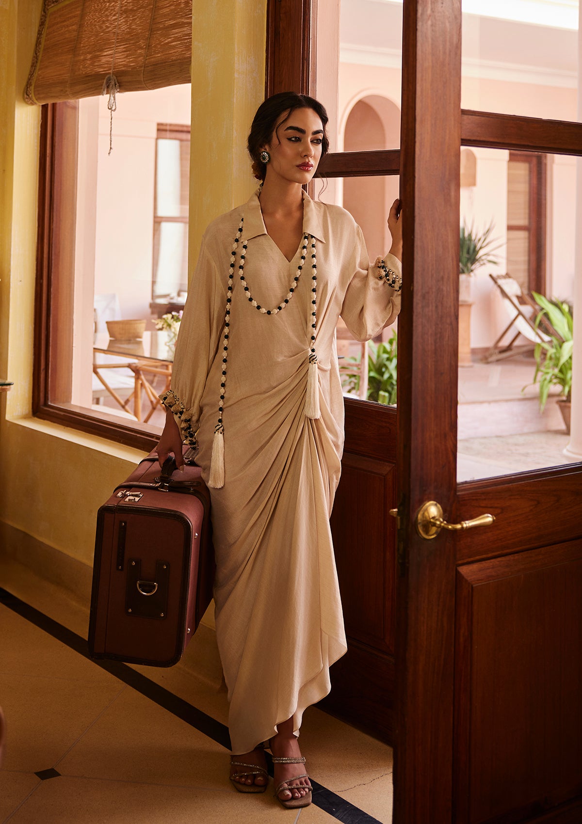 Ivory Draped Shirt Dress with Detachable Emerald String