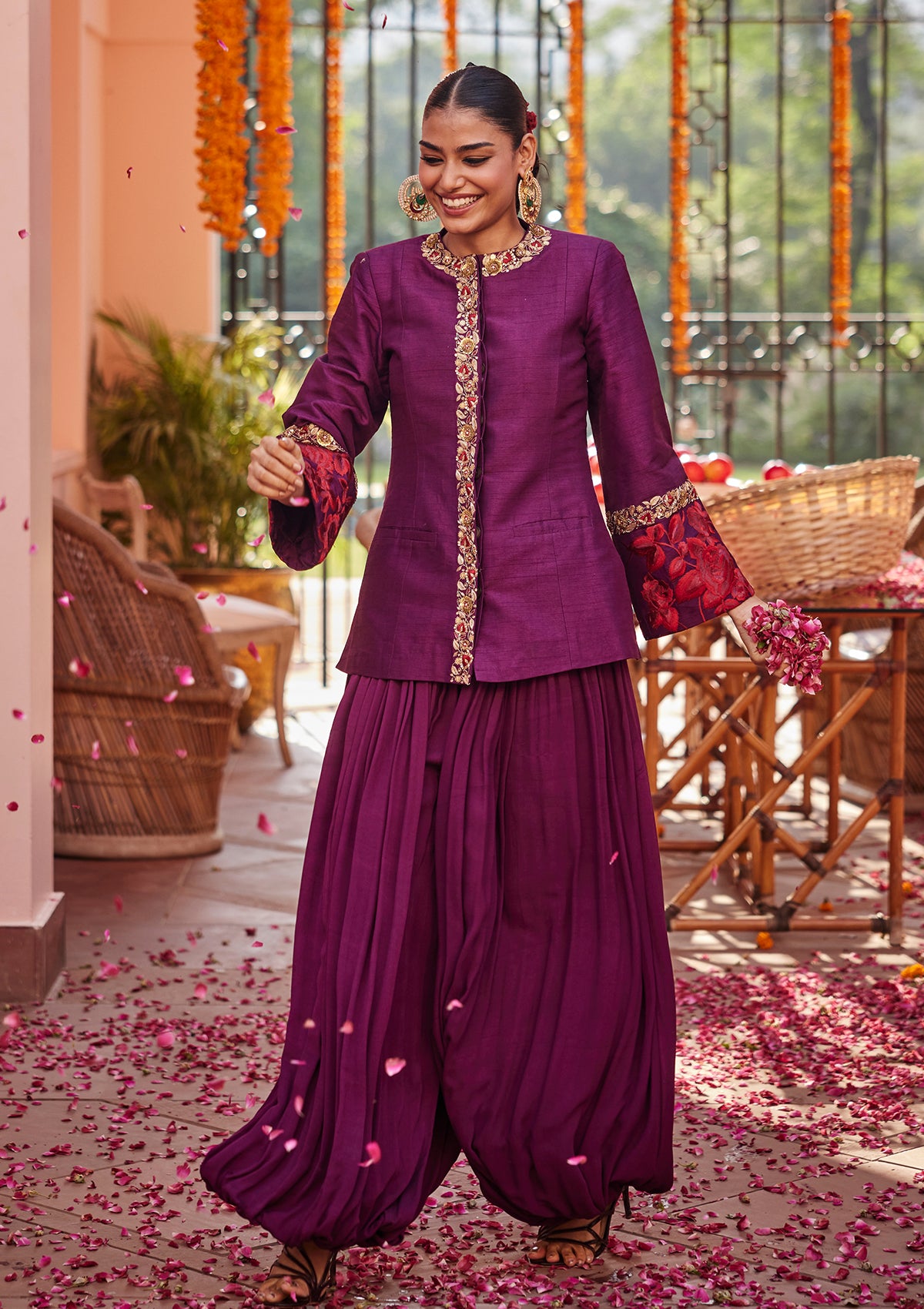Plum Threadwork Jacket with Balloon Pants