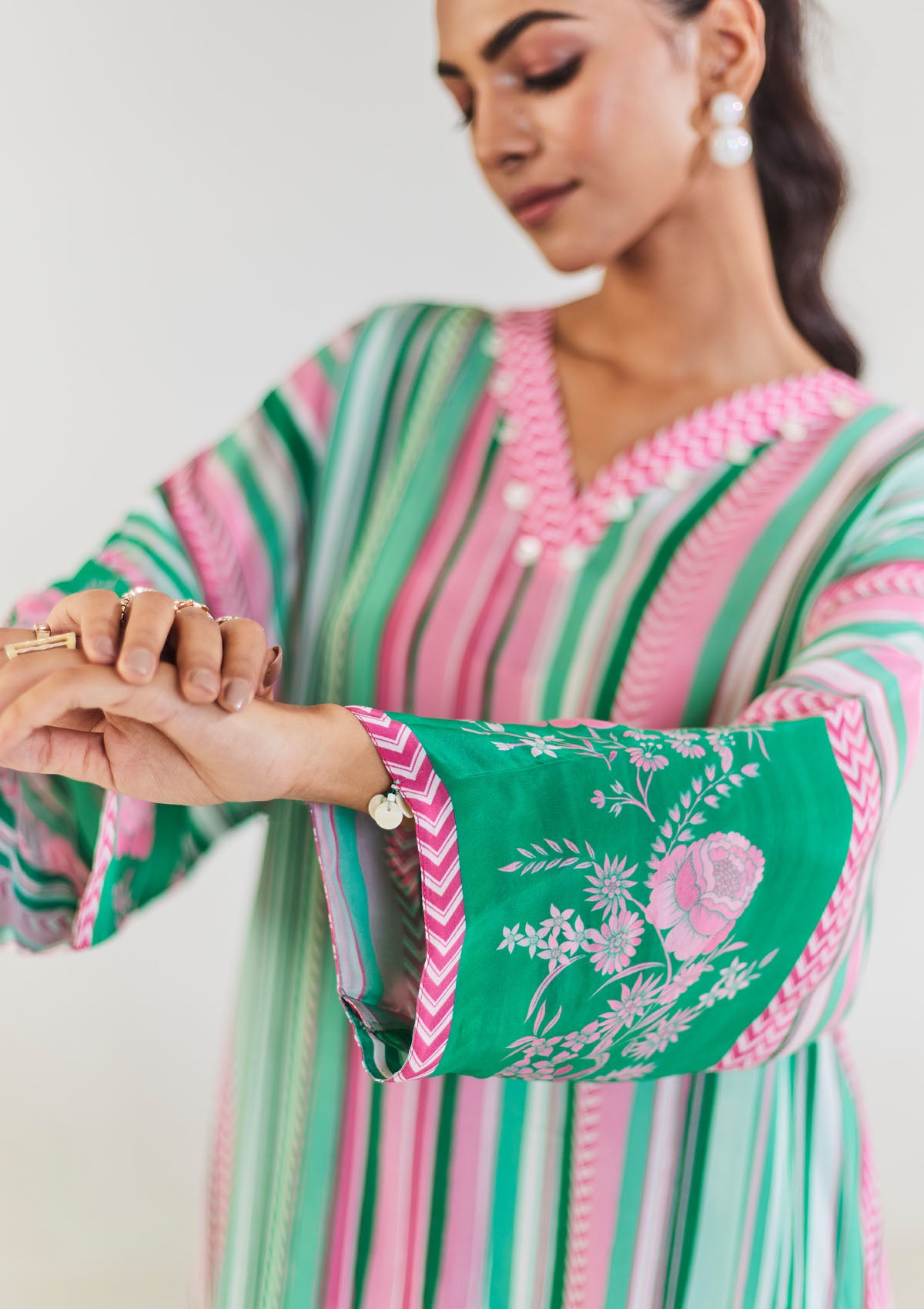 Peas In A Pod Teal and Pink Kaftan Kurta Set