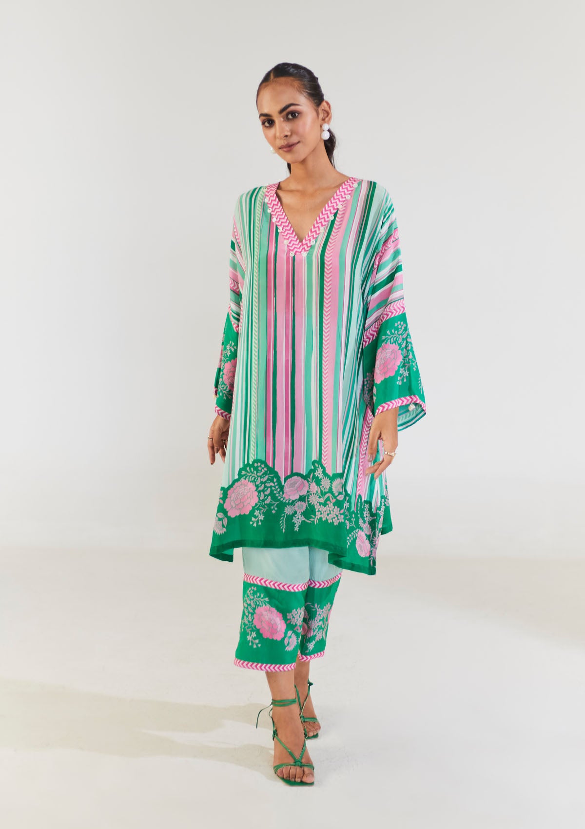 Peas In A Pod Teal and Pink Kaftan Kurta Set