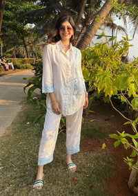 Sanjana Sanghi in Powder Blue Aztec Shirt Co-ord Set