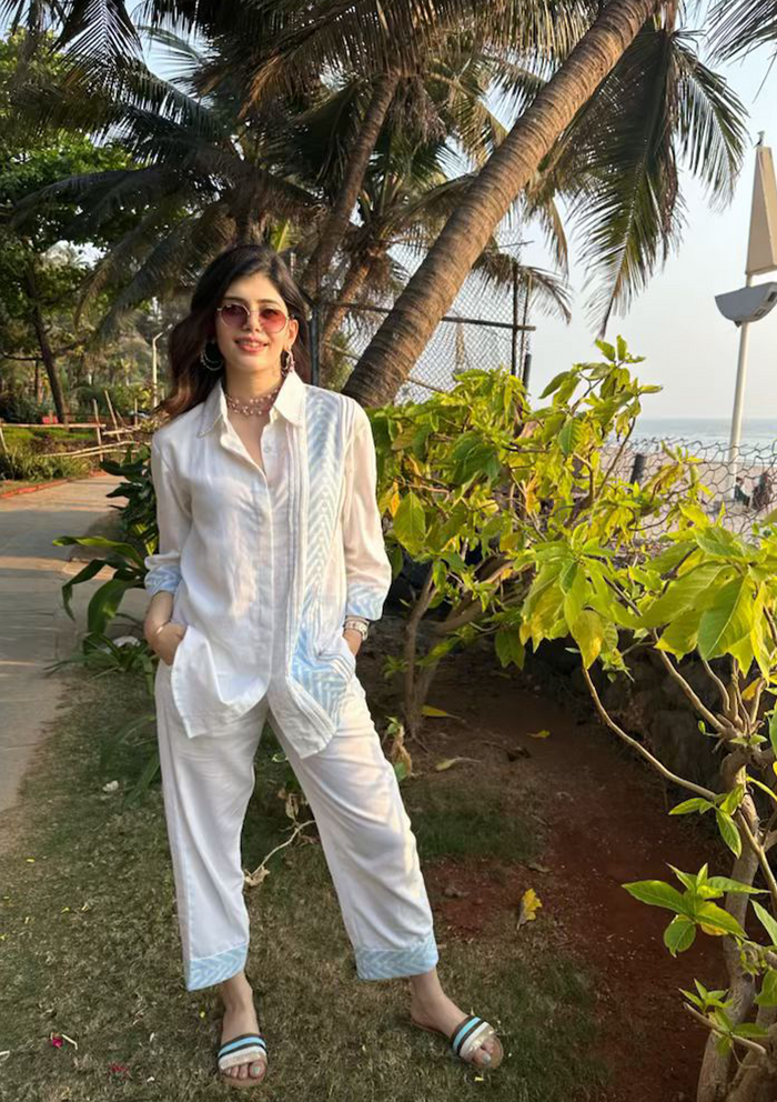 Sanjana Sanghi in Powder Blue Aztec Shirt Co-ord Set