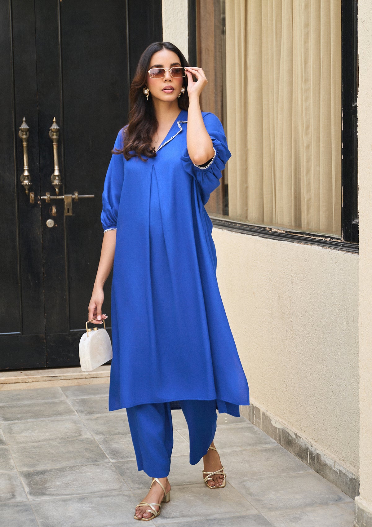 Electric Blue Collared Kaftan Set