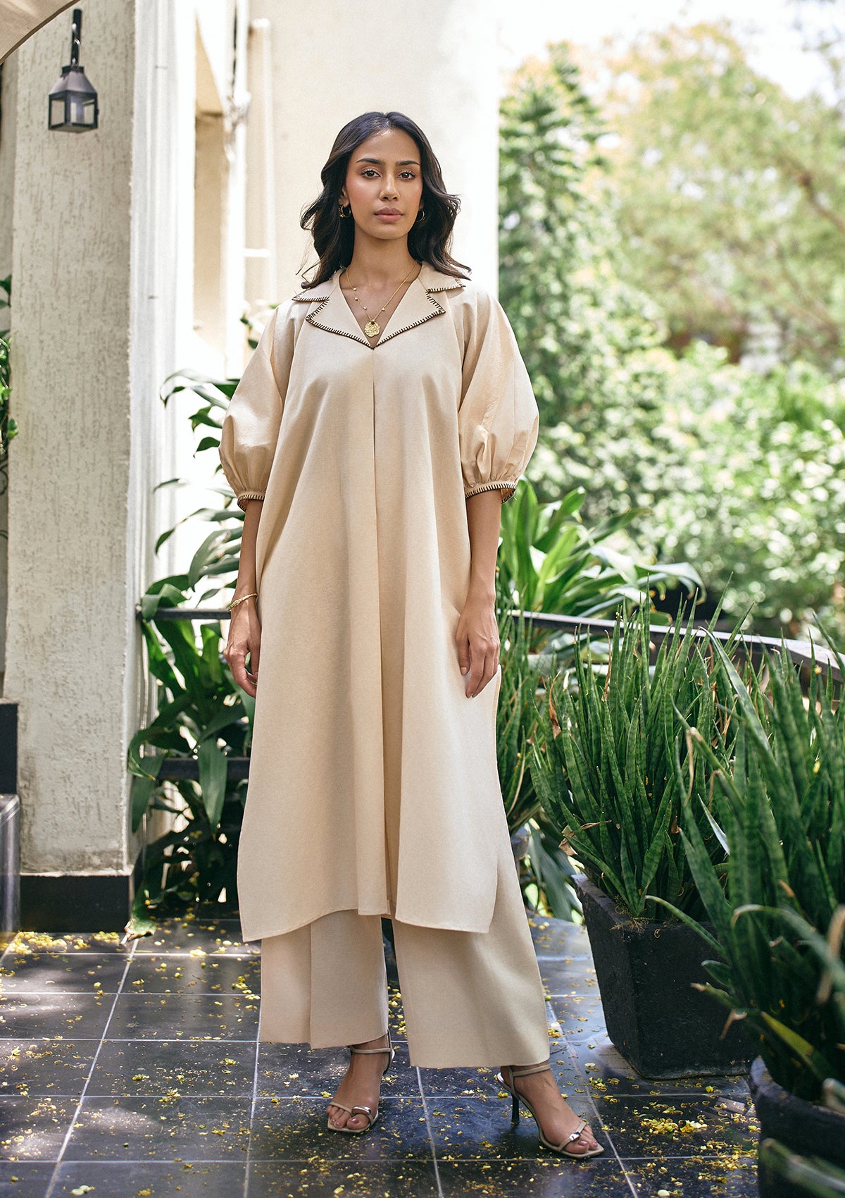 Sand Collared Kaftan Set