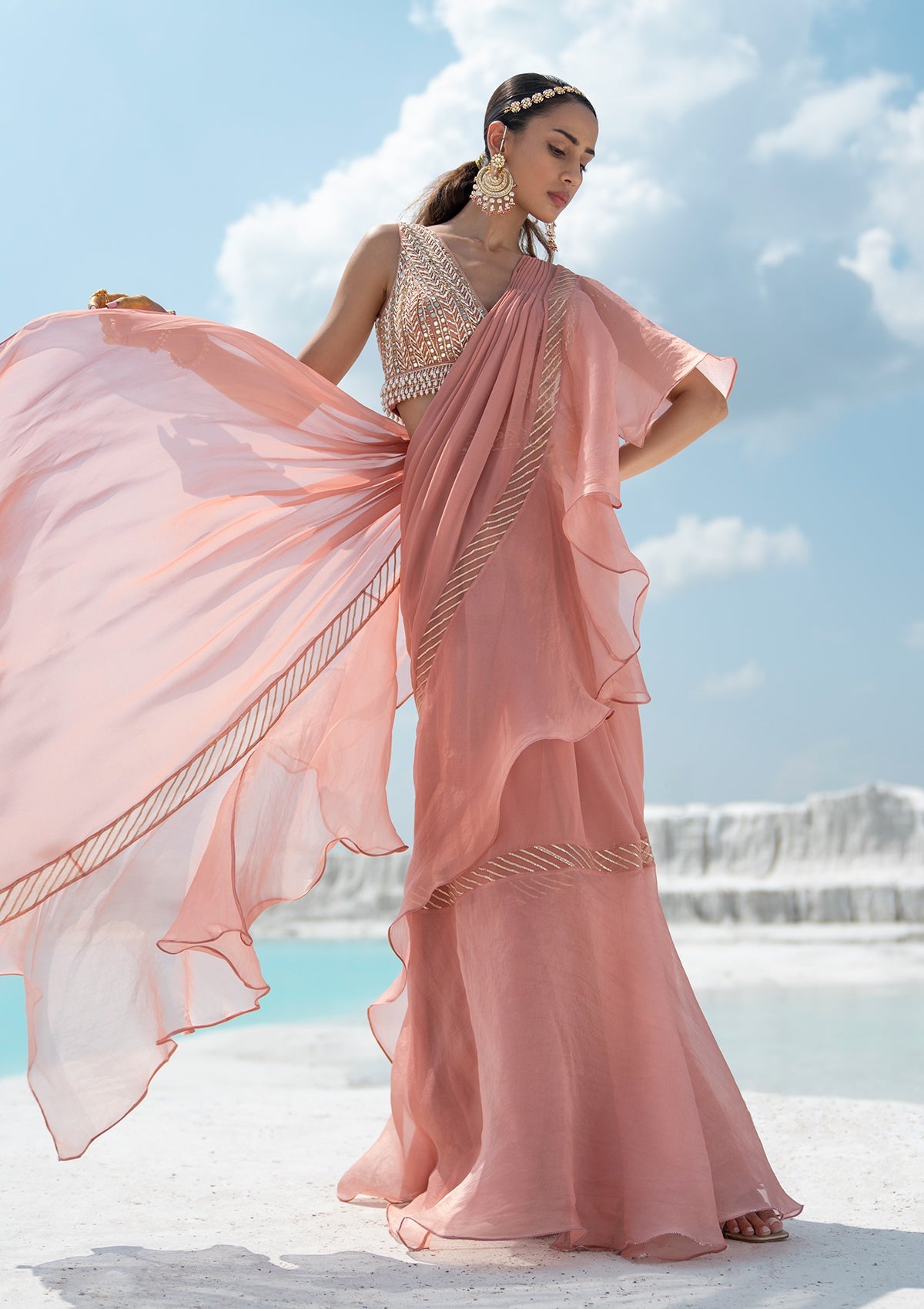 Gota Blush Ruffled Saree Set