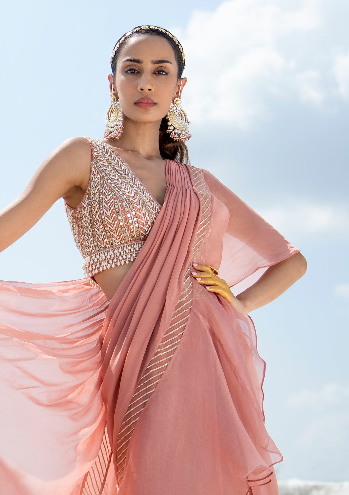 Gota Blush Ruffled Saree Set