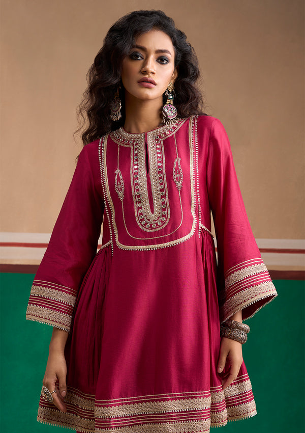 Embroidered Cerise Short Kurta Set