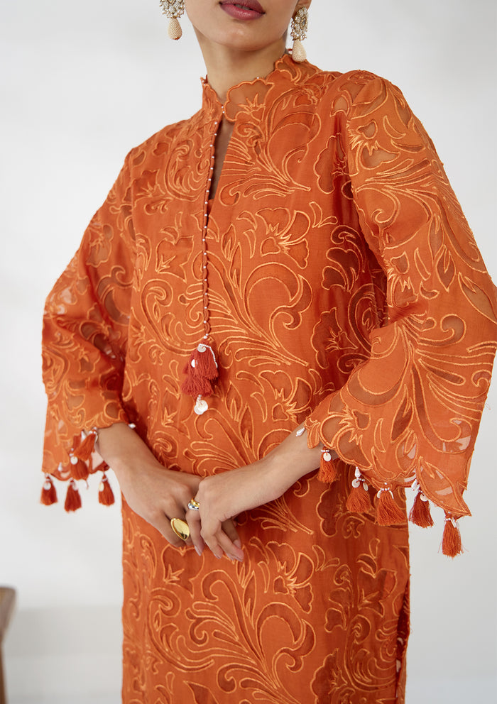 Saffron Applique Embroidered Kurta Set