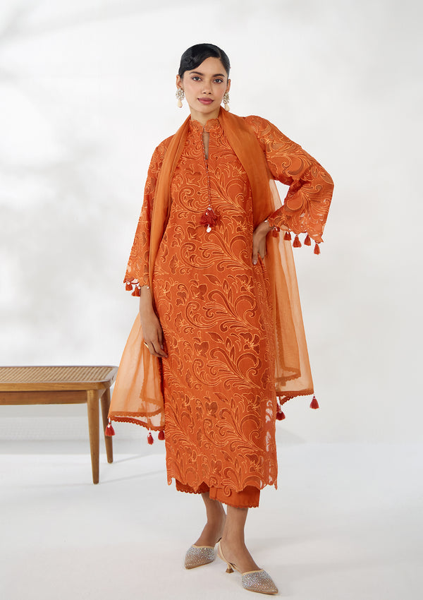 Saffron Applique Embroidered Kurta Set