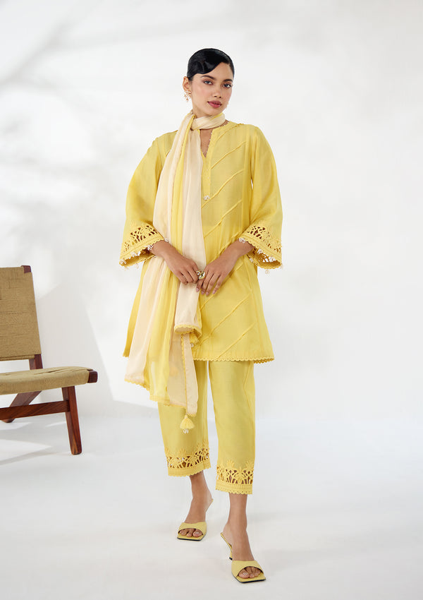 Butter Yellow Tropical Kurta Set
