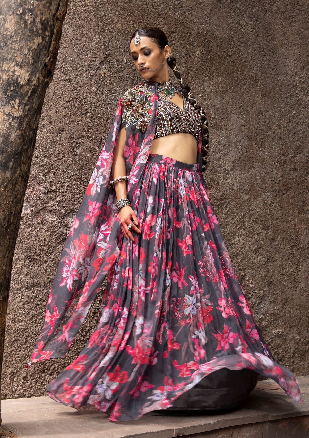 Buy Scakhi Peach Organza Poncho Style Top With Organza Floral Print Fusion  Lehenga (Set of 2) online