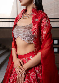 Simran Sethi in Crimson Jaal Cape and Lehenga Set