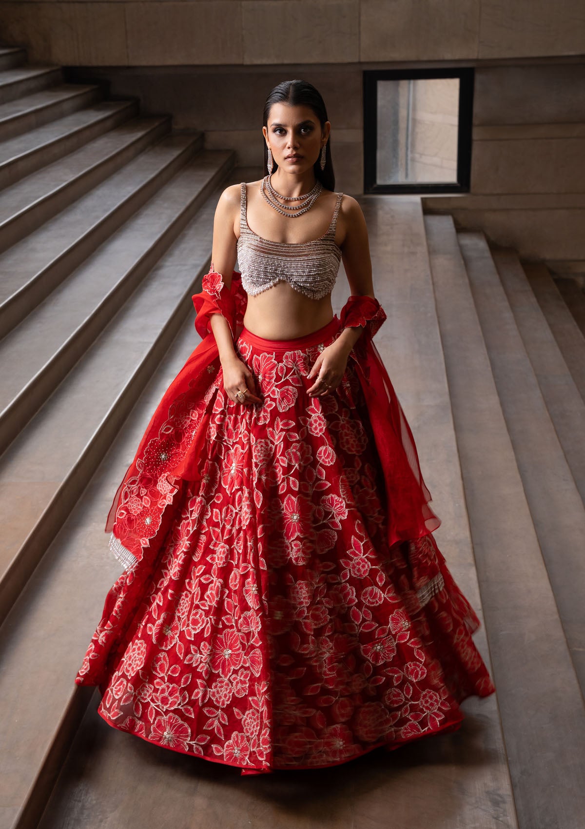 Crimson Jaal Cape and Lehenga Set