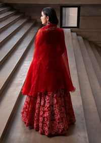 Simran Sethi in Crimson Jaal Cape and Lehenga Set