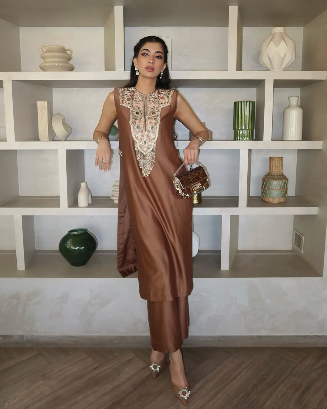 Mocha Embroidered Kurta Set