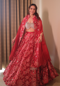 Simran Sethi in Crimson Jaal Cape and Lehenga Set