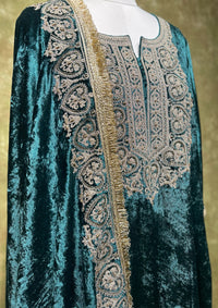 Teal Embroidered Velvet Kurta Set