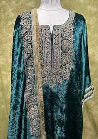 Teal Embroidered Velvet Kurta Set