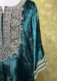 Teal Embroidered Velvet Kurta Set