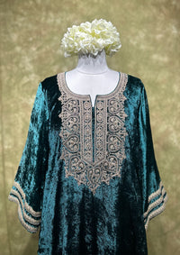 Teal Embroidered Velvet Kurta Set