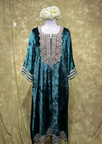 Teal Embroidered Velvet Kurta Set