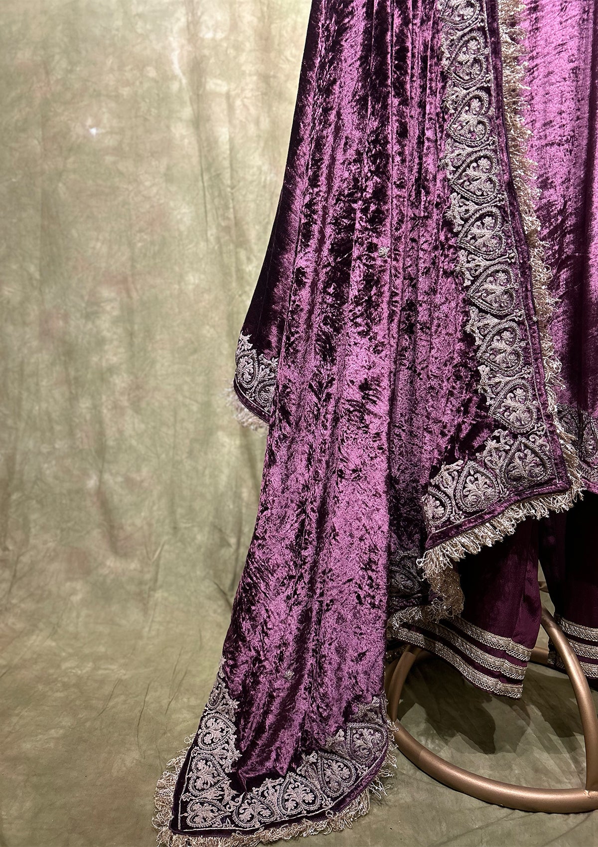 Mauve Embroidered Velvet Kurta Set