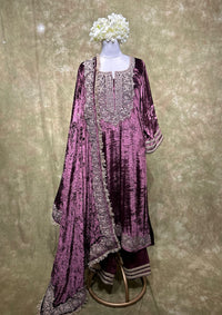 Mauve Embroidered Velvet Kurta Set