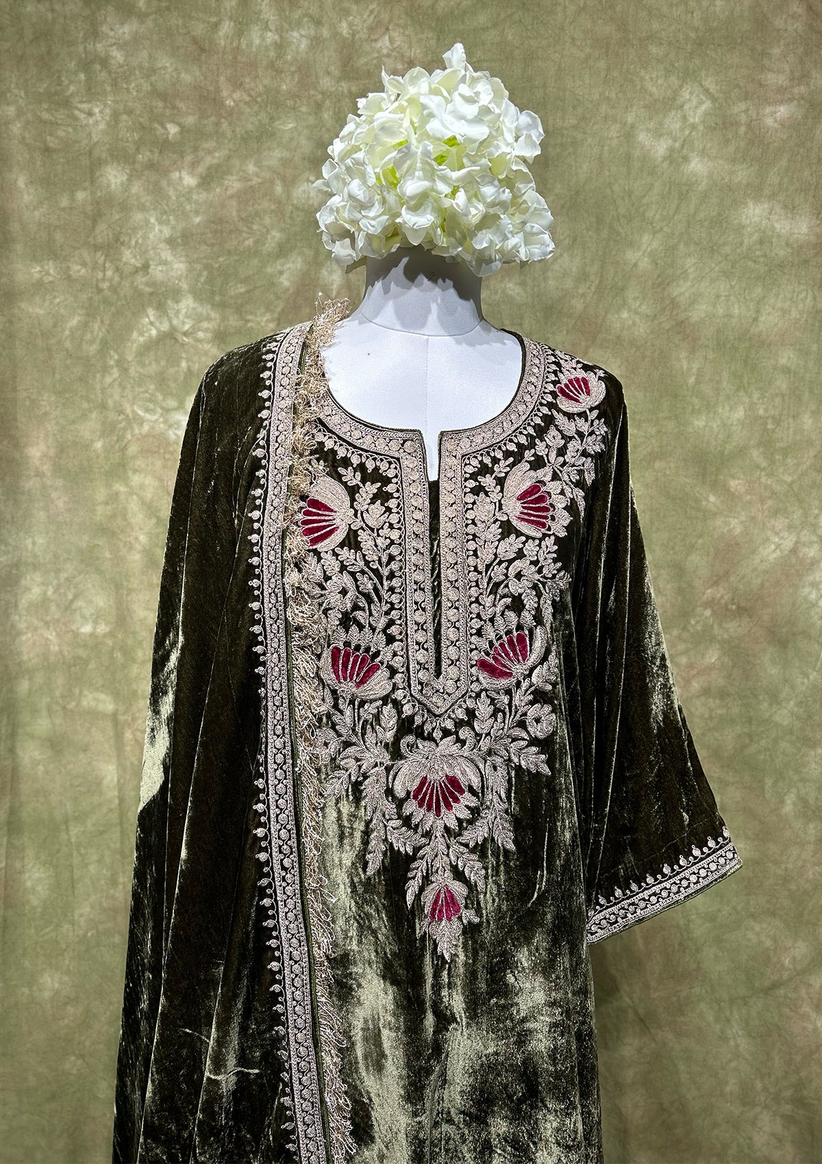 Olive Embroidered Velvet Kurta Set