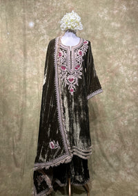 Olive Embroidered Velvet Kurta Set