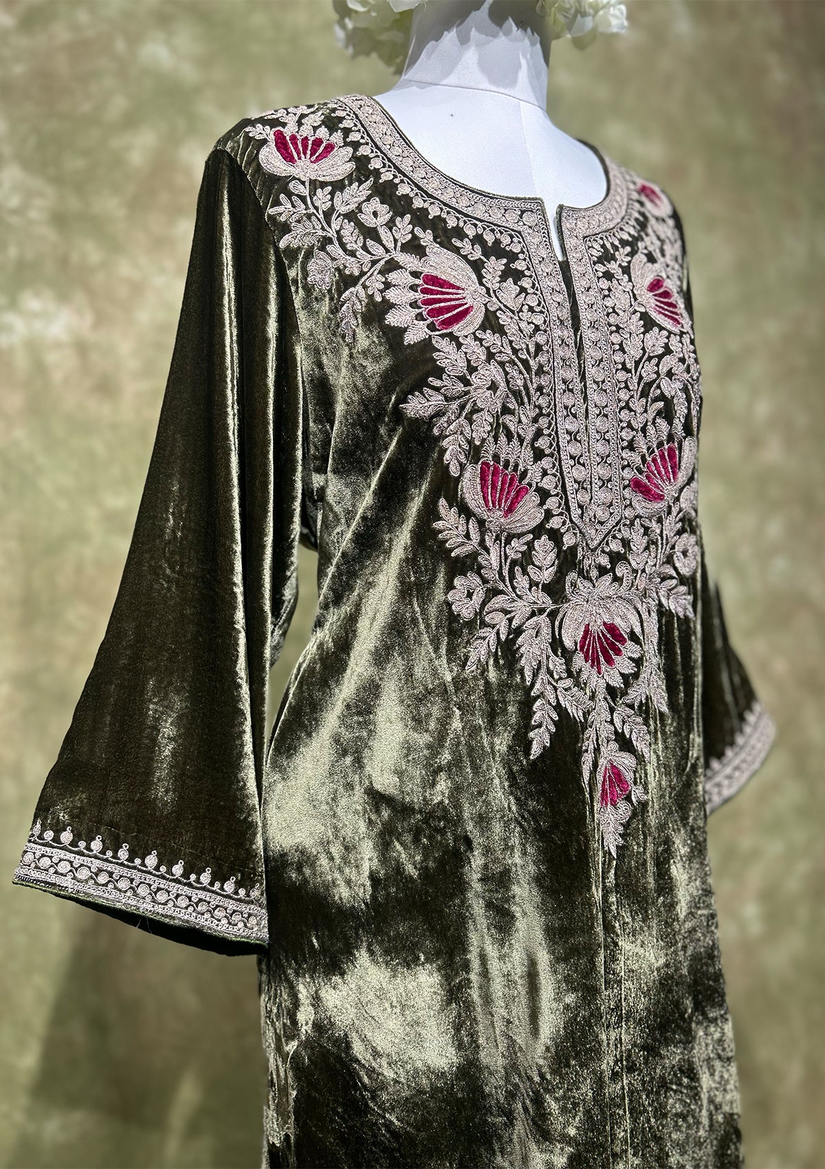 Olive Embroidered Velvet Kurta Set