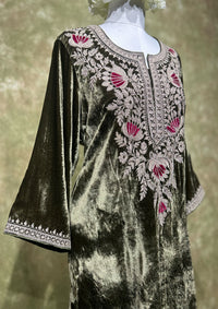 Olive Embroidered Velvet Kurta Set