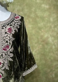 Olive Embroidered Velvet Kurta Set