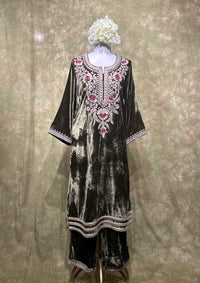 Olive Embroidered Velvet Kurta Set