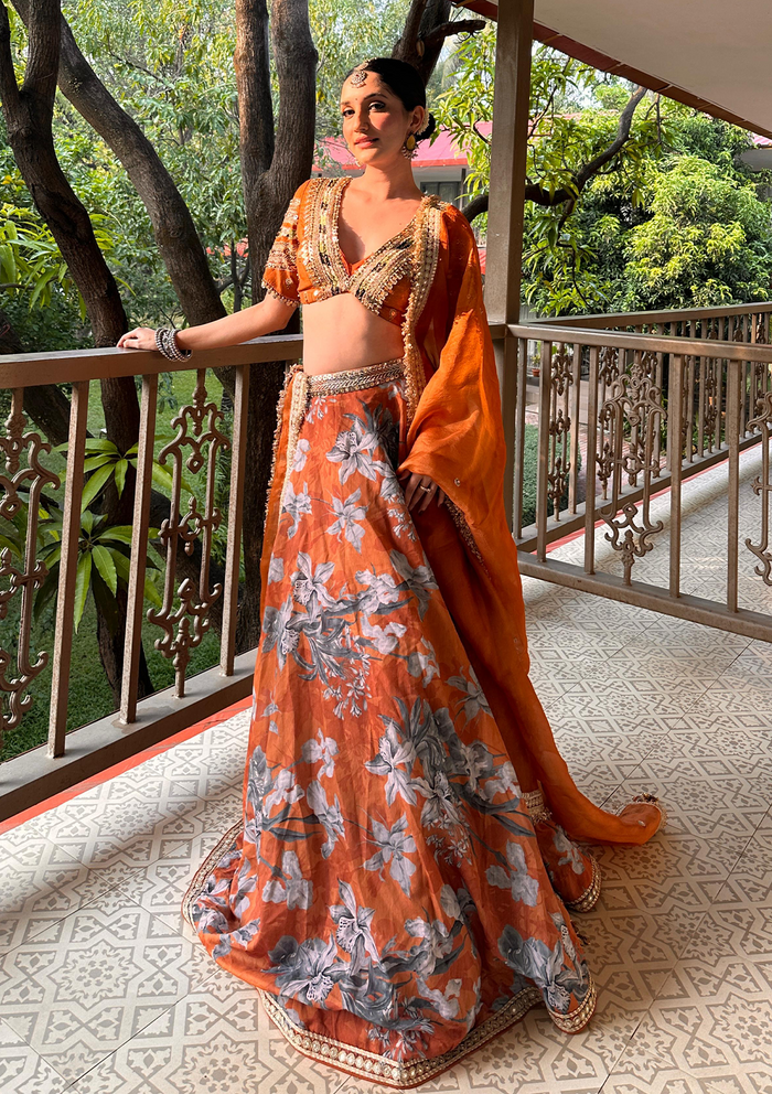 Saachi Bindra in Nur Saffron Embroidered Lehenga Set