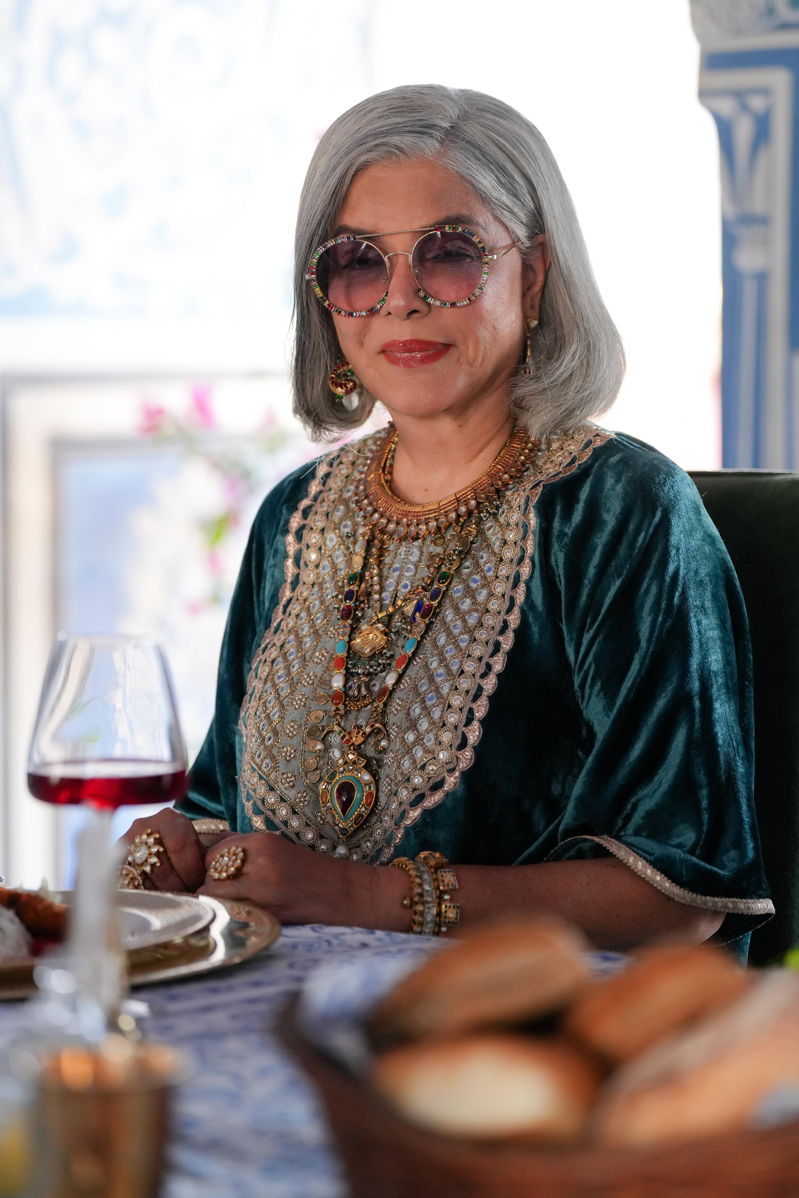 Zeenat Aman in Teal Velvet Kaftan Set