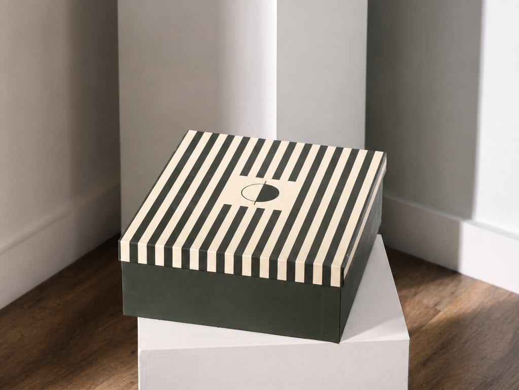 A premium gift box set by SEEAASH, shown in two views: closed with a cream and black striped lid, and open to reveal a marble-patterned tissue and wrapped gift inside a dark green box, set on white pedestals in a minimalist room.