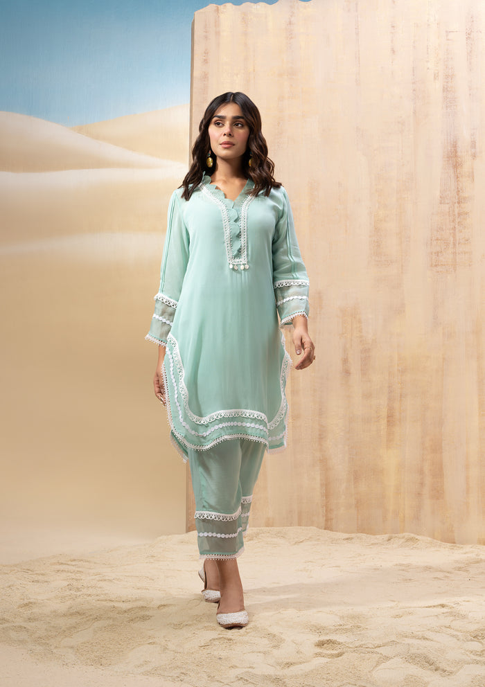 Aqua Scalloped Lace Kurta Set