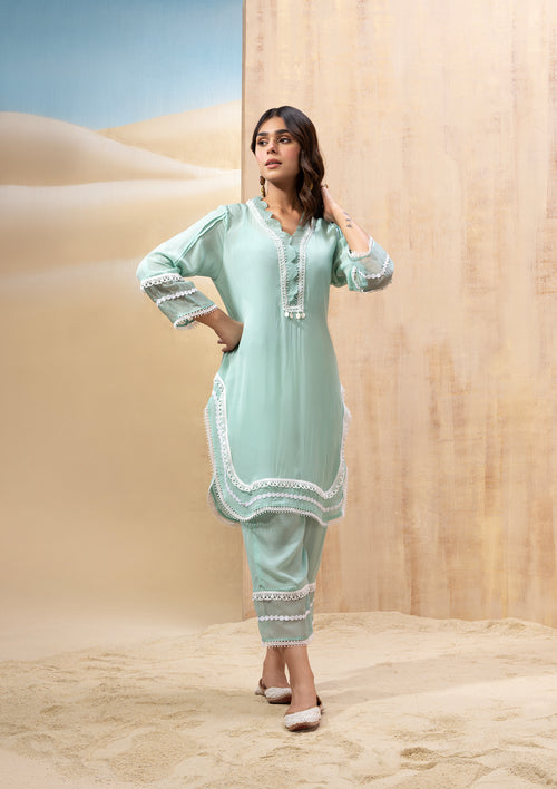 Aqua Scalloped Lace Kurta Set