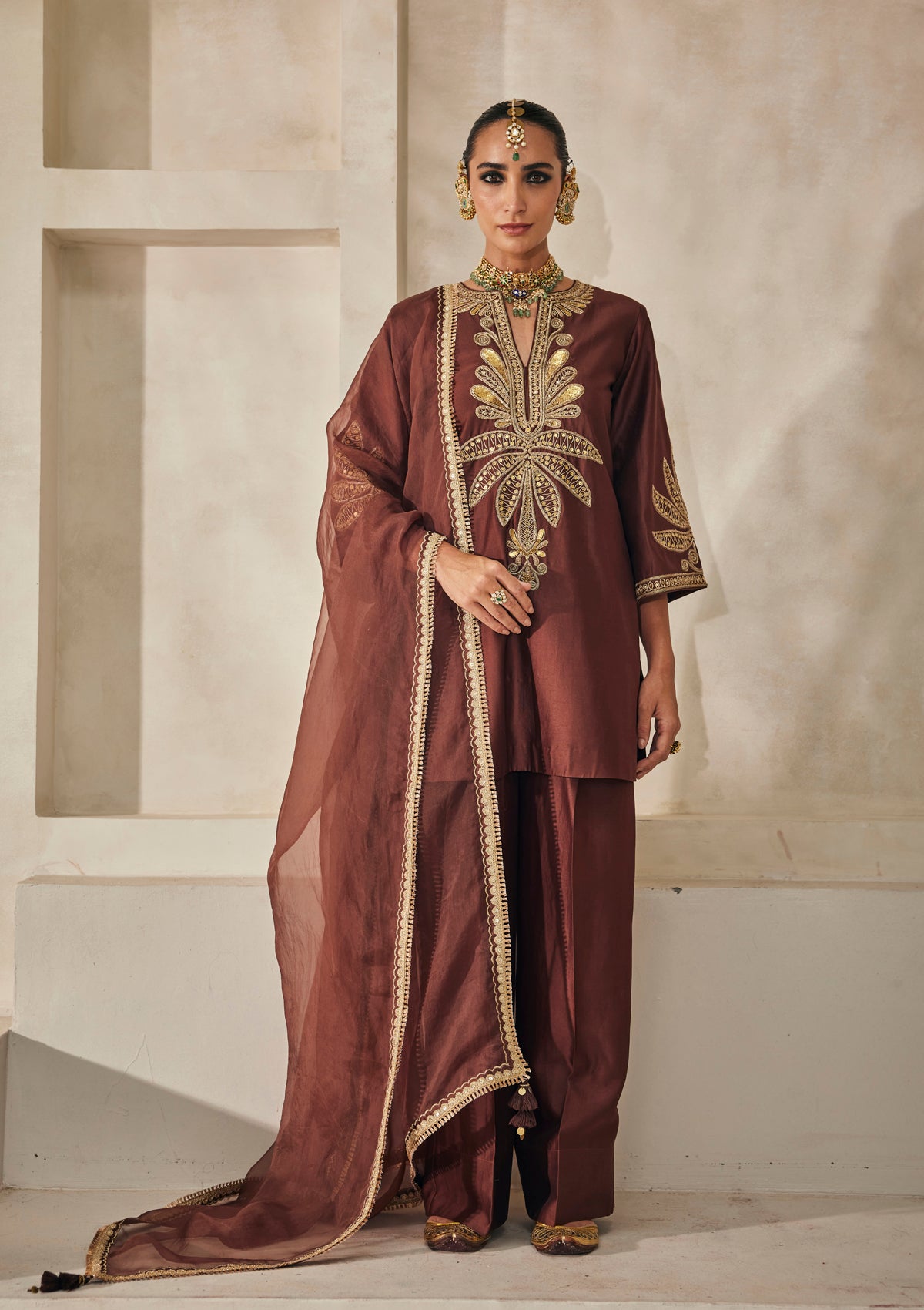 Mocha Pondicherry Kurta Set