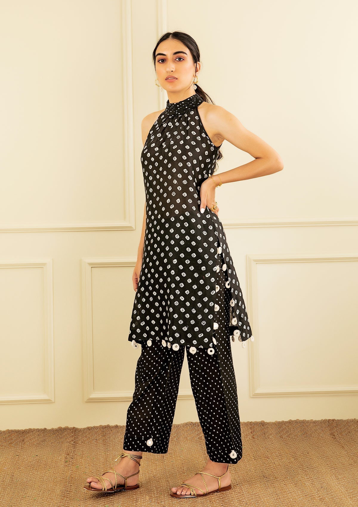 Coal Bandhani Halter Tunic Set